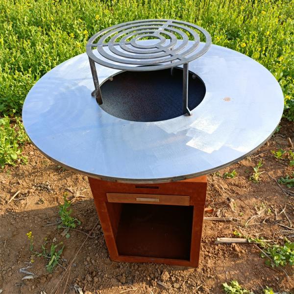 Outdoor Weathered Corten Metal Fire Pit With Grill Table BBQ Charcoal Grill CE