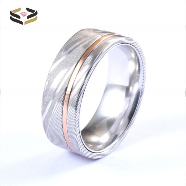 Engagement Men's Damascus Steel Rings 8mm with Tungsten Core Inner And Copper Inlay