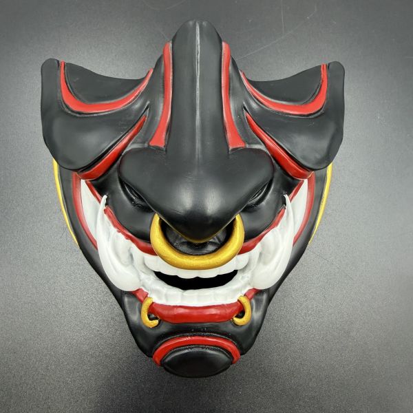 Resin Demon Half Face Mask, Black Red Oni Style Costume Mask with Gold Ring Accents for Adults, Halloween Cosplay, Masquerade Party, Festival Outfit, Photo Shoot and Stage Performance