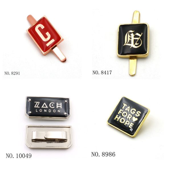Gold Plated Zinc Alloy Orange Enamel Metal Tag Custom Metal Logo Plate with Iron Prong Feet