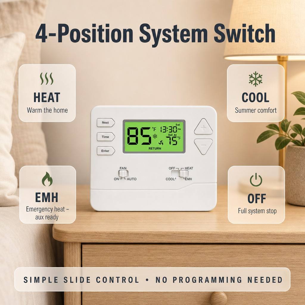 Riseem 1 Amp Per Terminal Load Rating Heat Pump Thermostat for System Operation in Conventional Or Heat Pump Applications
