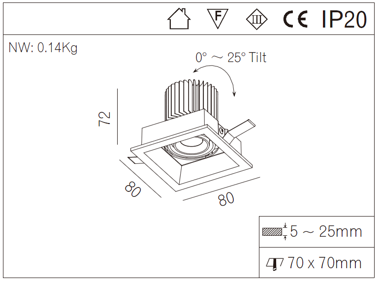 7W Square Alu Die Casting Spot Ceiling Project Recessed Dimmable COB LED Downlight