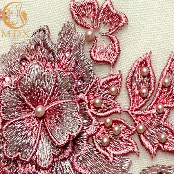 French Tulle Net Lace Fabric Pink 3D Flowers Embroidery For Party Dress