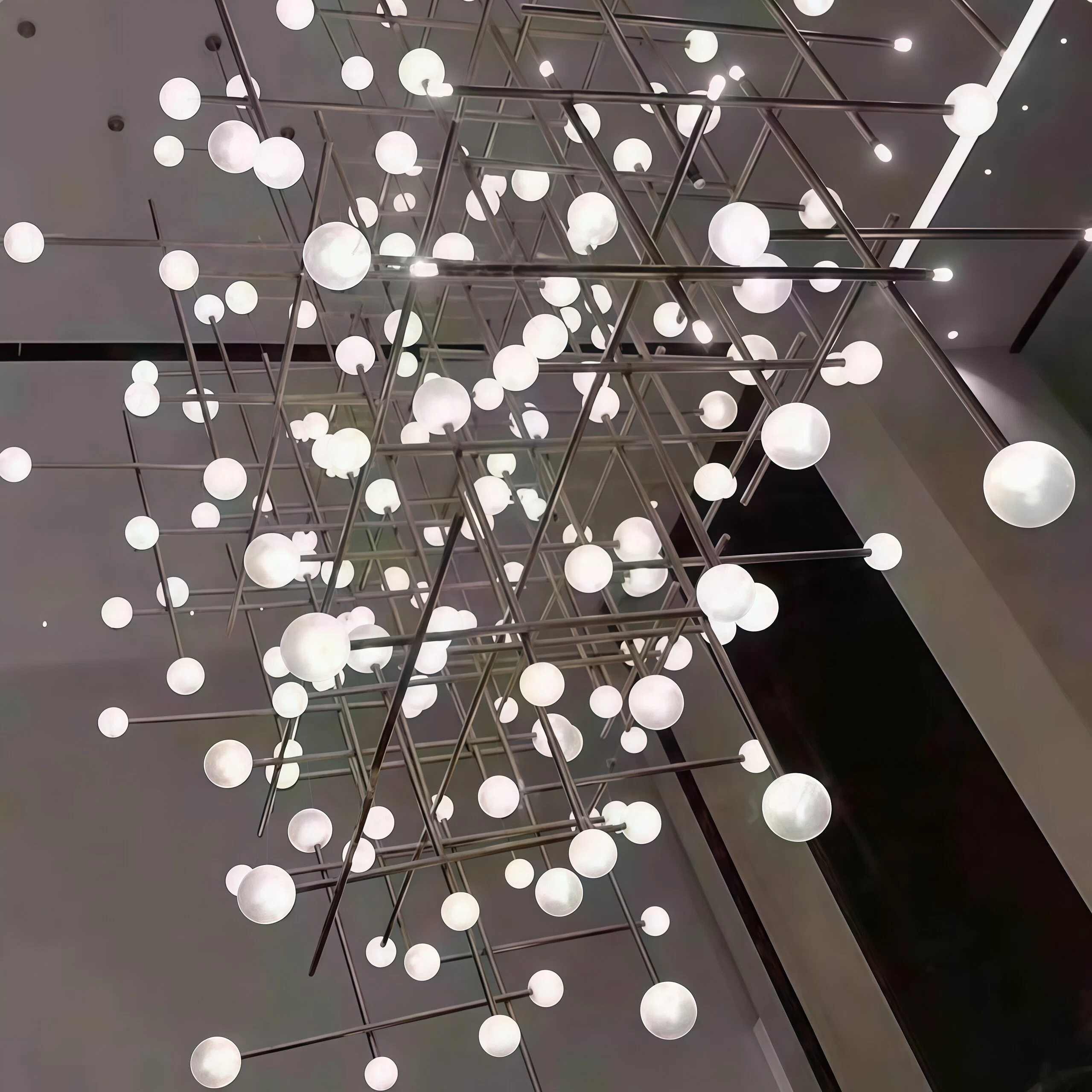 JYLIGHTING Grid Structure Iron & Frosted Glass Sphere Chandelier, Modern Golden Frame Modular Globe Pendant Light for Sales Office Lobby & Villa Reception Counter