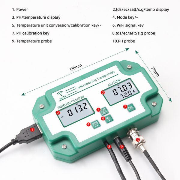 Smart Tuya Wifi Digital PH Meter with Data Logger Function and 6 in 1 TDS.EC.PH.Salinity.G.S.Temp for Hydroponics