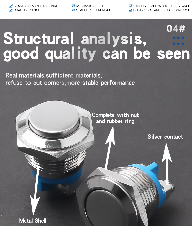 16MM Metal Push Button Switch No LED Self-Reset Momentary With Screw Foot Welding Foot High/Flat/Ball Head 1NO Jog Switch