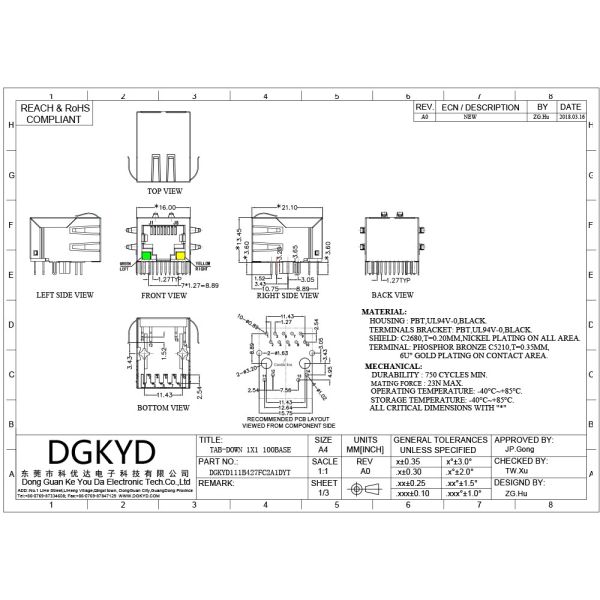 TAB DOWN 1X1 RJ45 Shielded Connector With Filter Outlet