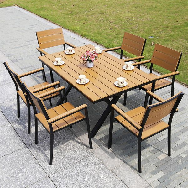 Outdoor Yard Wood Furniture in Black Aluminum Frame with Yellow Plastic Wood Table Set