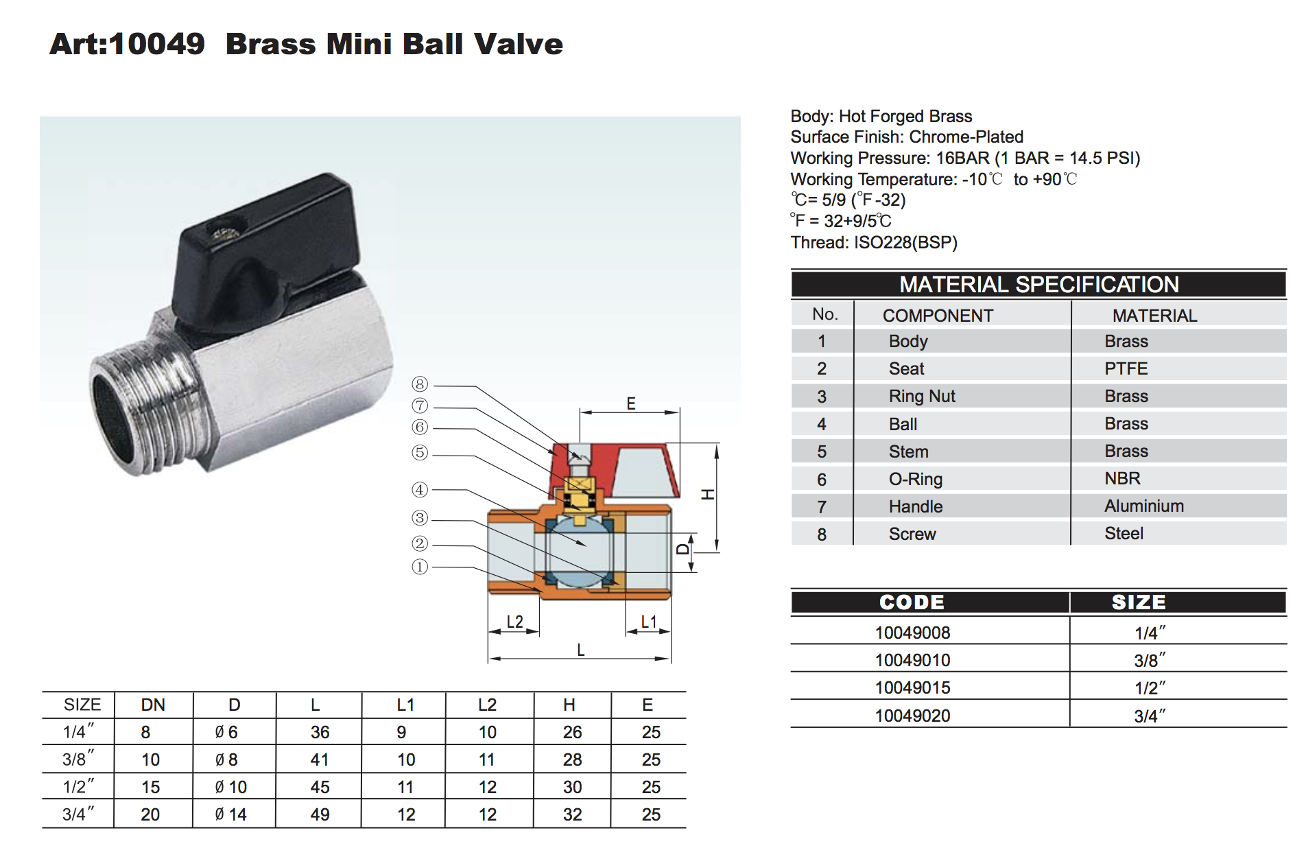 Male To female Copper Ball Valve 10049 with Chrome plating 16Bar