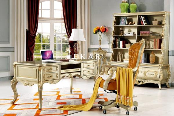 Classic Home Office Table Carved Gold Wood Vintage Luxury Office Desk