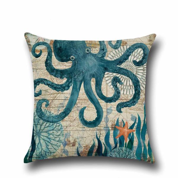 Sea Life Decorative Throw Pillow Covers 18x 18 , Faux Linen Coastal Octopus Cushion Cases for Bed and Couch