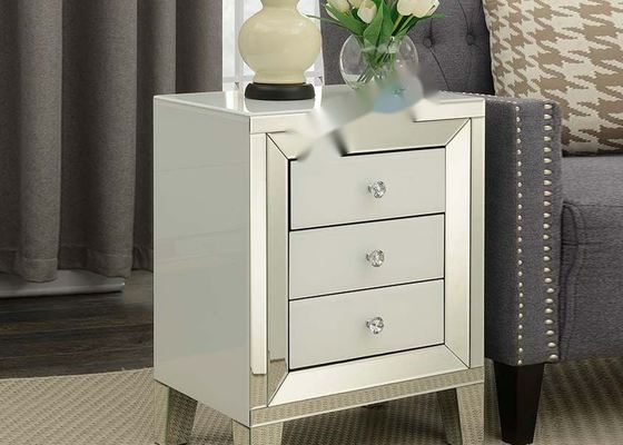 Mirrored Nightstand with Three Drawers in White Glass & Silver Mirror