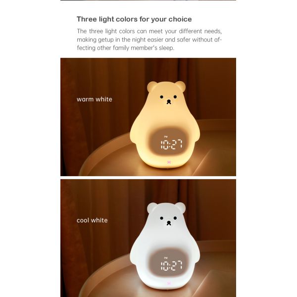 Luz e som de noite LED máquina Urso bonito relógio de treinamento de sono para quartos de crianças