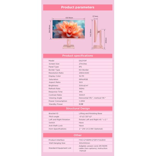 Color rosa LED de 27 pulgadas Monitor de juegos de PC 1K 2K 4K 100Hz 144Hz 165Hz 200Hz 240Hz Altura ajustable