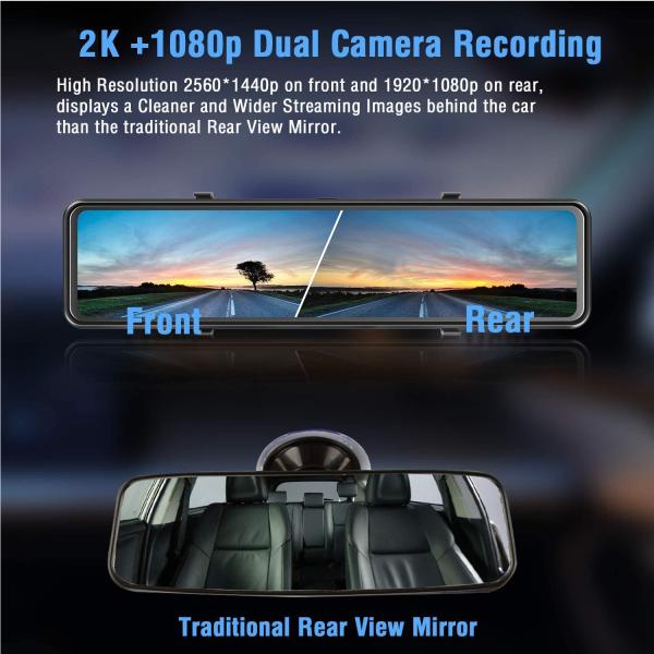 10.88 Inch 2K Vehicle Blackbox DVR Dual Lens Dashcam Voice Control