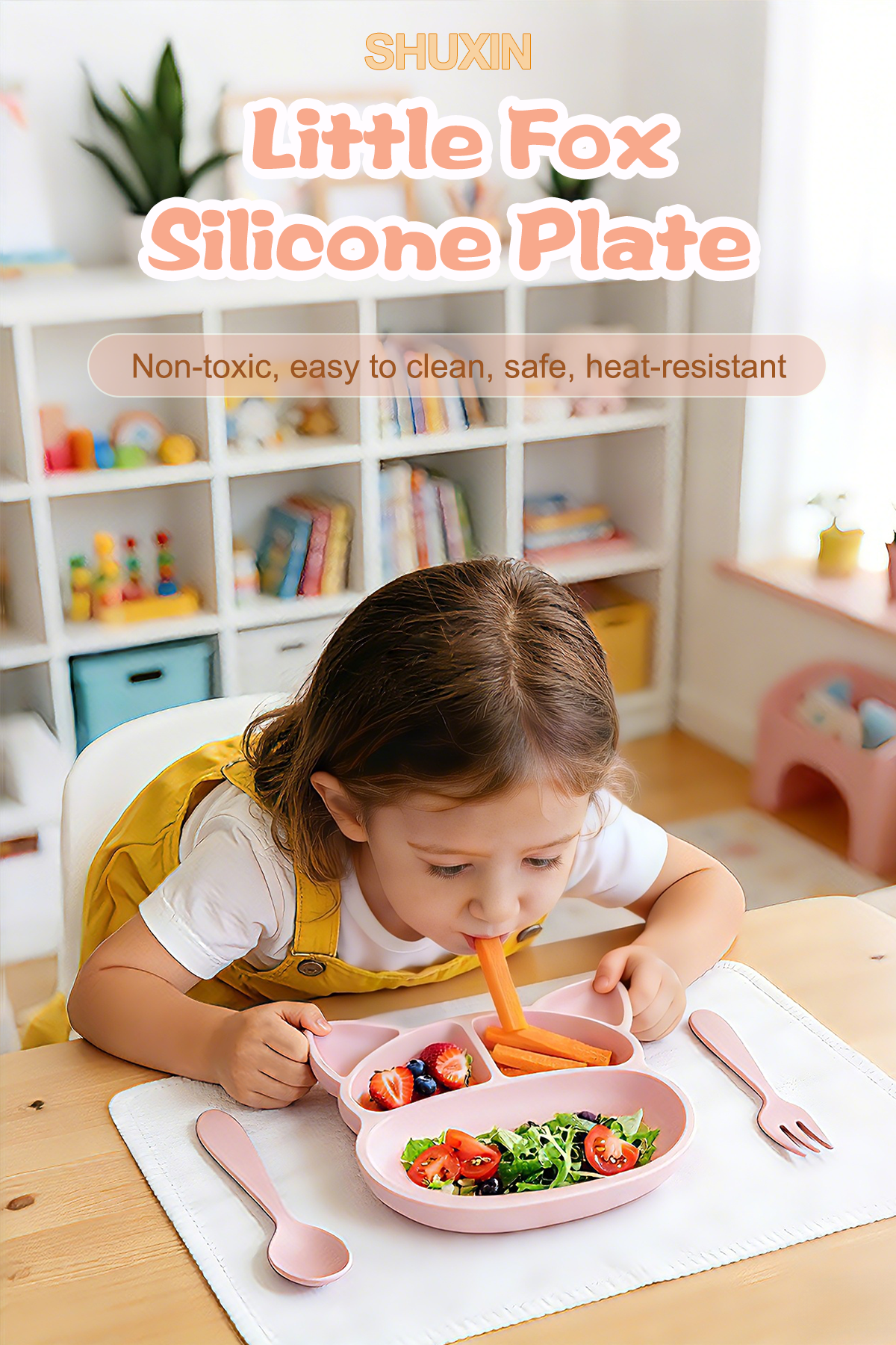 Silicone Baby Tableware Set Colorful Fox Plate Toddler Feeding Tableware Anti Spill Stain Resistant Mealtime Dish
