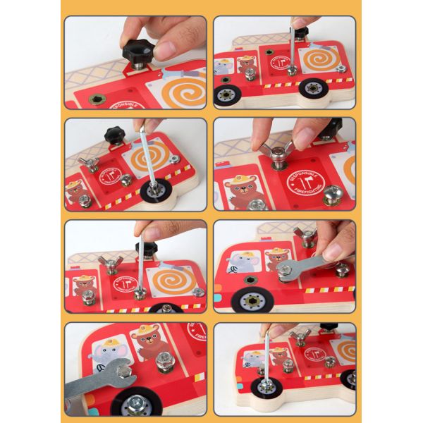 Preschool Wooden Car Busy Board Gear Unlocking Project Fire Truck Kindergarten Puzzle Toy