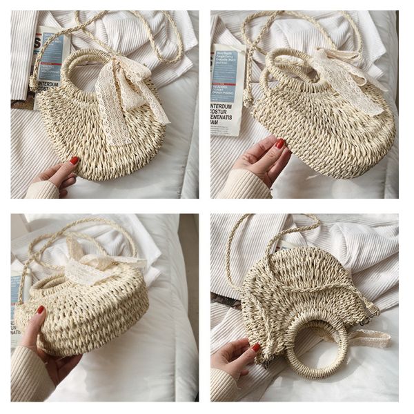Open Closure Customized Tote Bag for Summer Beach Rattan Shoulder Basket Straw Bag