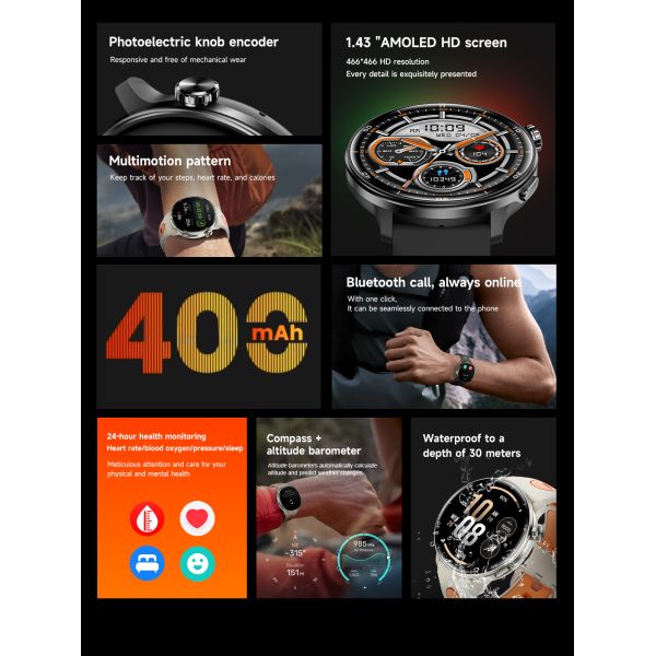 Bluetooth llamada GPS 1.43 pantalla de alta definición 3ATM reloj inteligente a prueba de agua