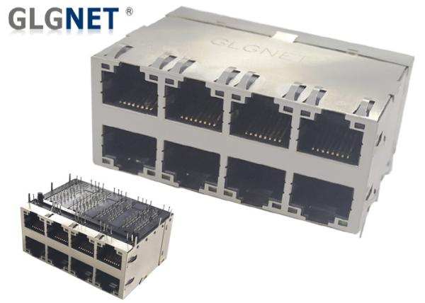 10G RJ45 2x4 Stacked Modular Jack PA6T Housing 4 Channels PHY 60 Watt UPOE+