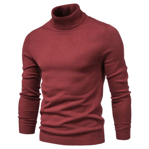 Solid Color Viscose/Cotton Pullover Sweater Slim Fit Turtleneck for Men's Casual Wear
