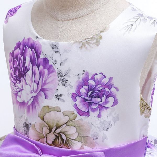 Hot Sale Toon Purple Girl Dress Bow Belt Printed Mesh Gown Princess Dress Tutu Dresses Invisible Zipper Disfraces Vestid