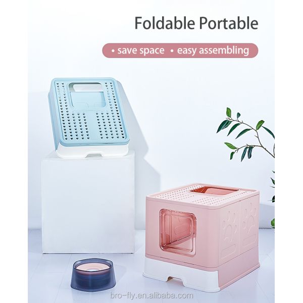 Foldable Large Cat Litter Box Plastic Rectangular Closed For Cats in Pink/Blue/Grey