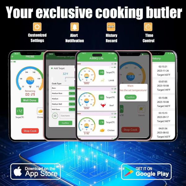 Long distance 150m Remote Smart Bbq  Thermometer Instant Read Digital Bluetooth 5.0 Wireless Meat Thermometer 10 Modes  Meat Thermometer
