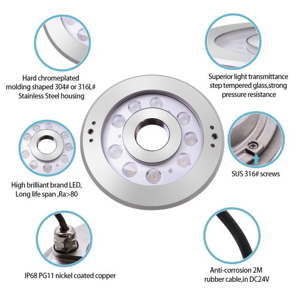 Stainless Steel Submersible LED Fountain Light IP68 DC24V CE Certificated