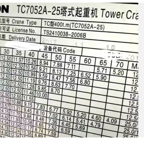 2a mano de construcción de torre grúa Zoomlion 7052 Año 2020 25 toneladas de carga