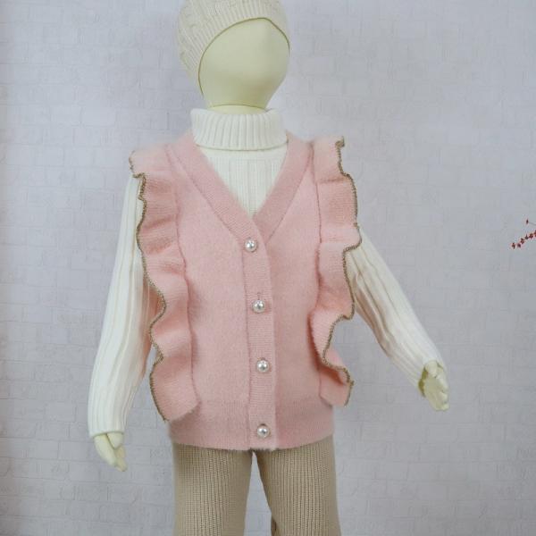 Knitting  Ruffles Patterns Children Sleeveless Sweater Wholesale Baby Girls Feather Yarn Sweater Vest
