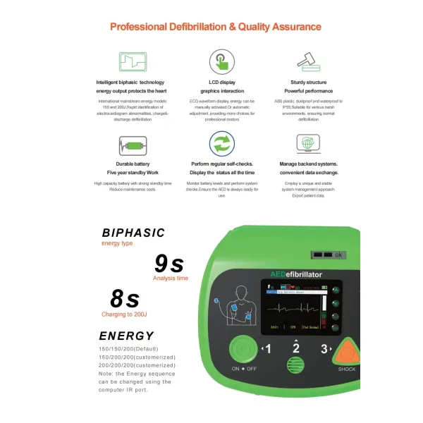 St-A7000plus pantalla de color ayuda transferencia de datos bifásico portátil automático externo desfibrilador máquina equipo de emergencia