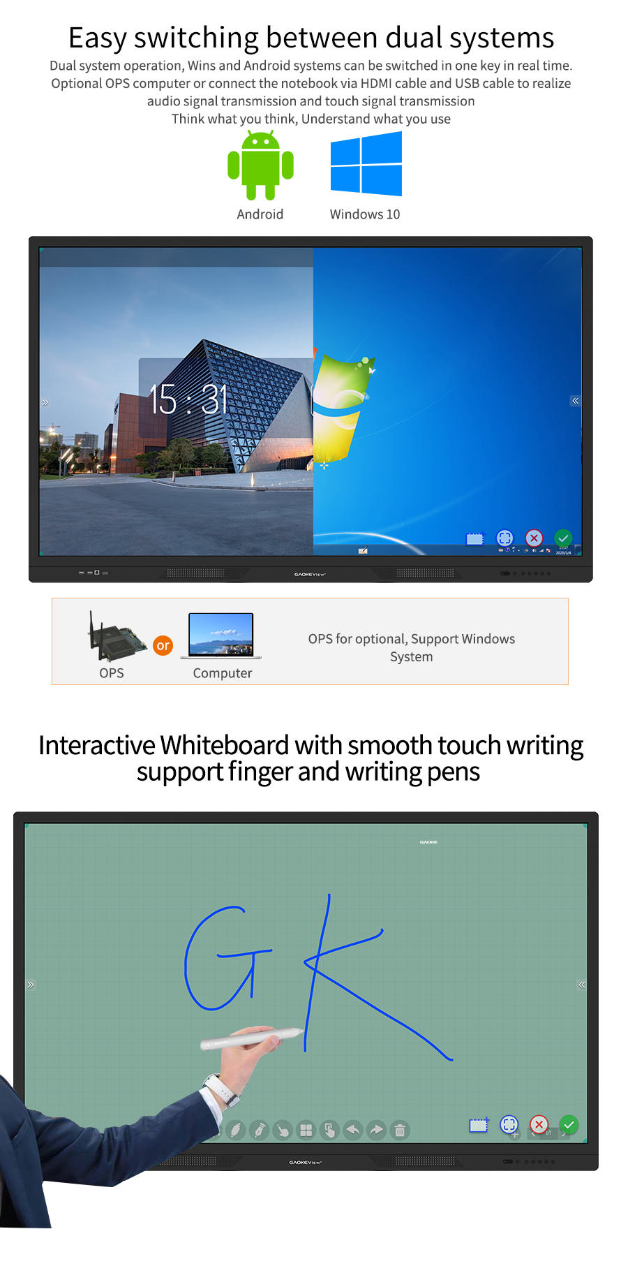 75 касание Whiteboard металла SPCC 280W доски касания дюйма взаимодействующее электронное