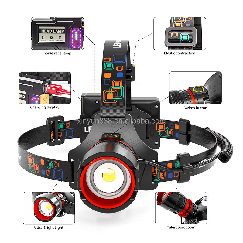 Cross-border Charging Outdoor Night Fishing Camping Hiking Emergency Lamp Induction Stretching Zoom Warning Strong Head Lamp