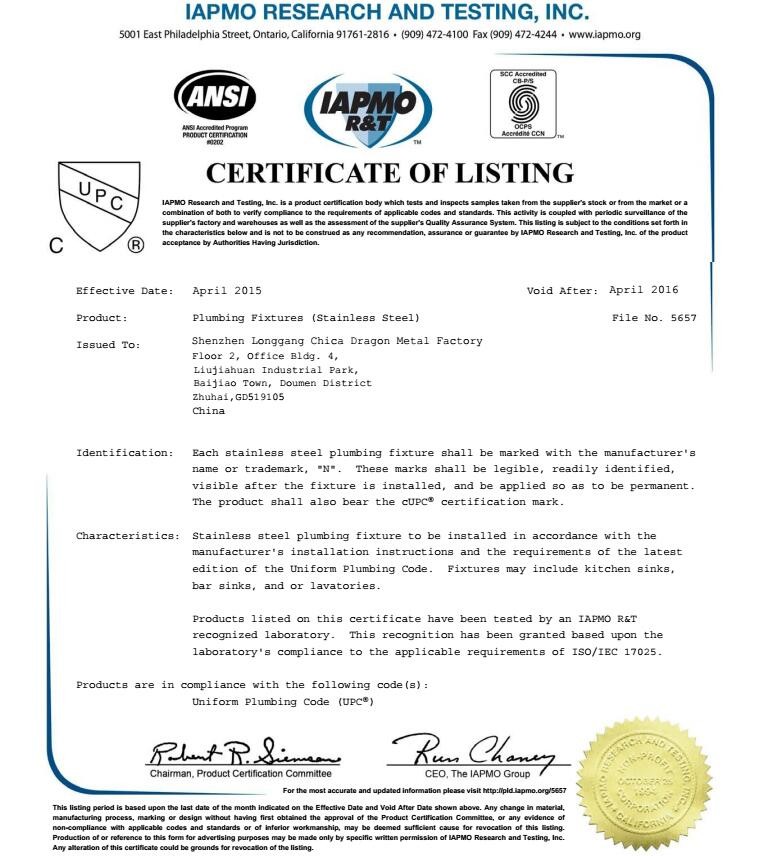 Chica dragon sink factory Certifications