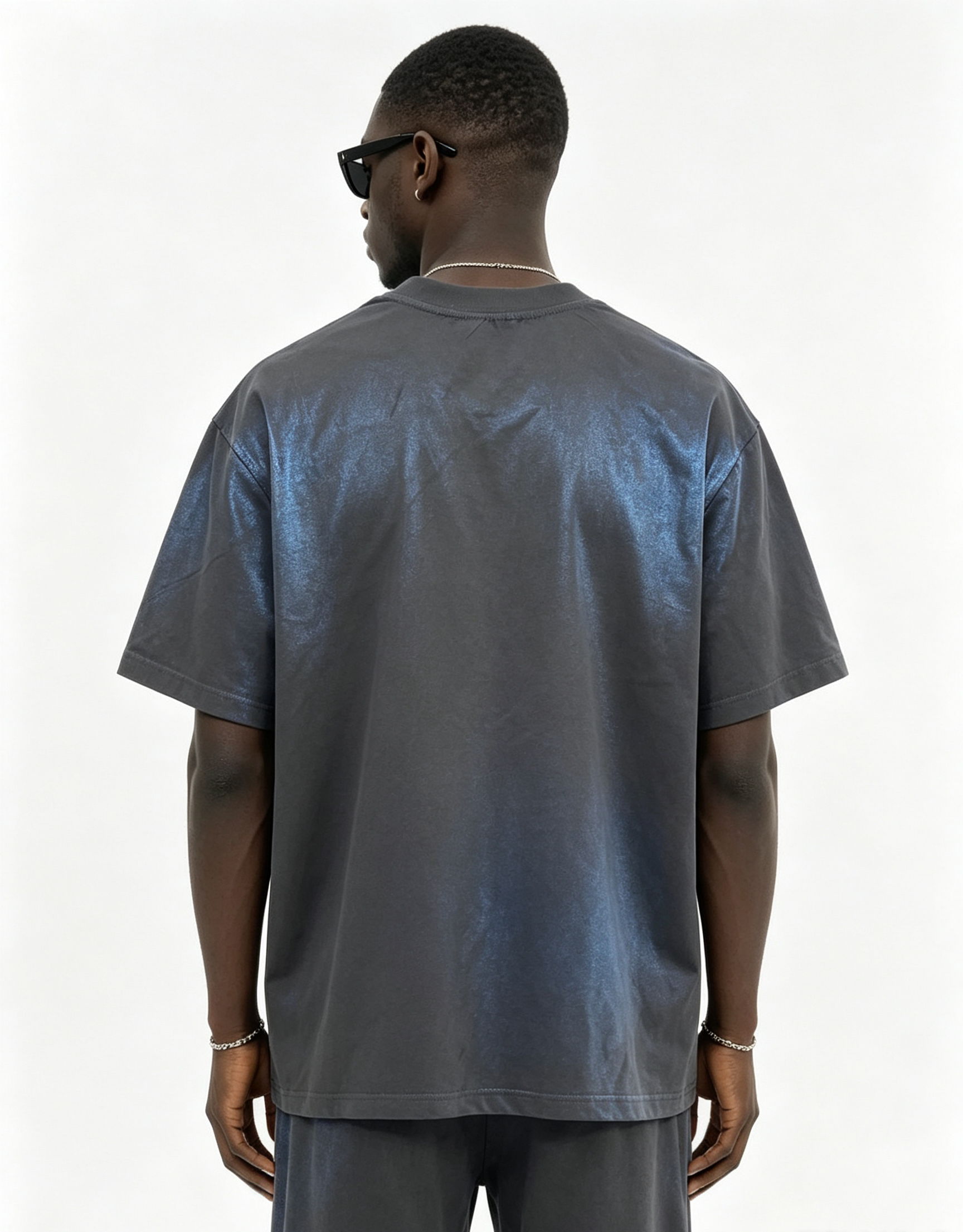 180-250G Slub Cotton Washed Gray T-Shirt, Iridescent Rainbow Foil Print Loose Crew Neck Letter Logo Tee Cross-Border Wholesale