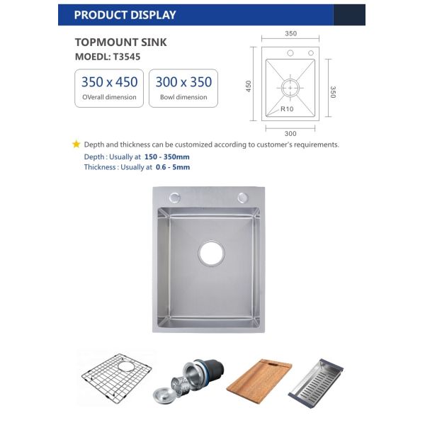 Topmount Stainless Steel Kitchen Sink Brushed Single Bowl 16 Gauge 35x45