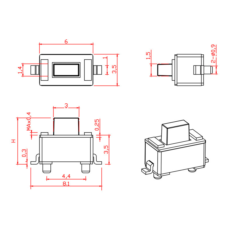 Штыри переключателя 3x6x5.0 SMD 2 тактичности черной/белой кнопки тактильные придают квадратную форму шрапнели