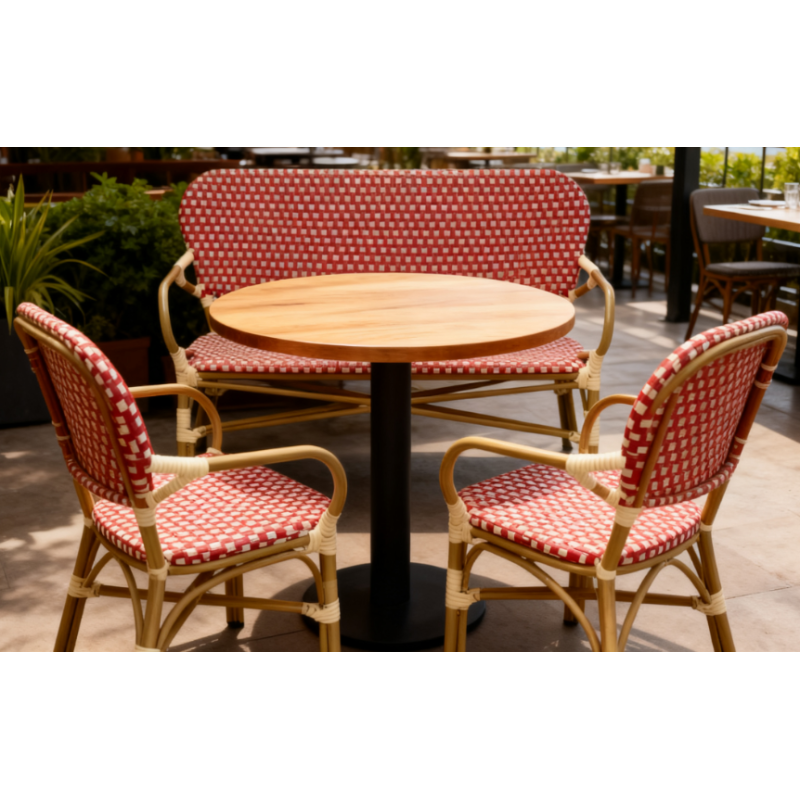 Outdoor French Bistro Rattan Sofa Bench Chair Rattan Restaurant Sofa Burgundy Red for Hotel Resort