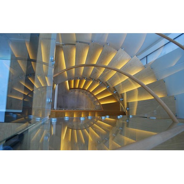 Stainless Steel Curved Glass Staircase Modern House Decoration With Wall Mounted Handrails
