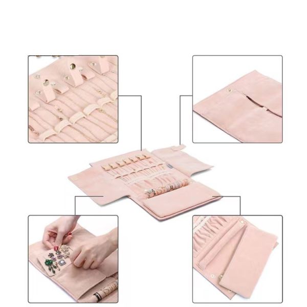 Silk Screen Travel Jewelry Organizer Roll Women Microfabric Fold Up Jewelry Organizer