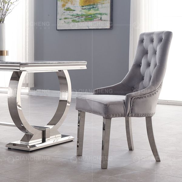 Velvet Tufted 54x64x100cm Gray Upholstered Dining Chairs Stainless Steel Foot