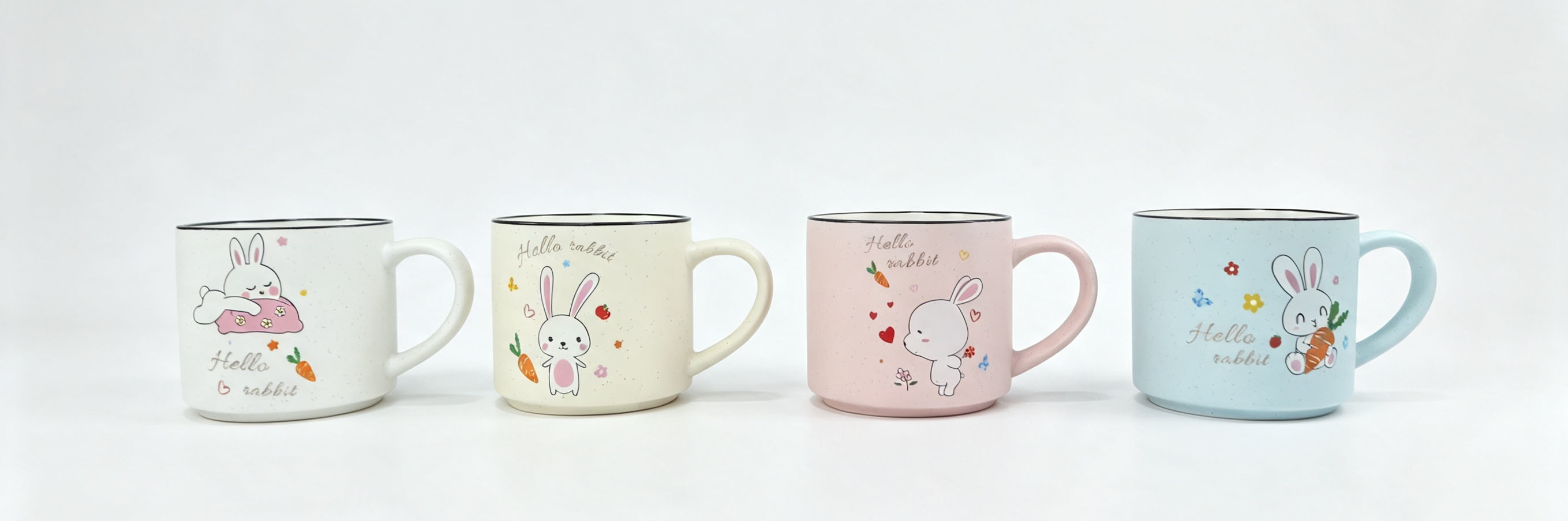Cute Rabbit Ceramic Mug Set of 4, Hello Bunny Cartoon Coffee Cups