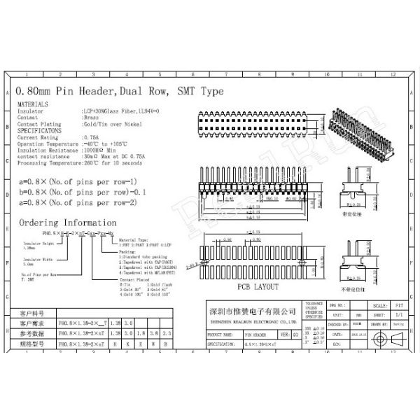 2x15 30 Pin Header Connector Double Row SMT Type 0.8 Mm Pitch Connector