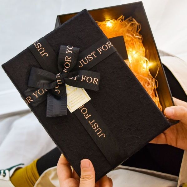 Luxury Scarf Gift Box Premium Black Rectangle Packaging Rose Gold Foil Lettering Instagram Worthy Presentation