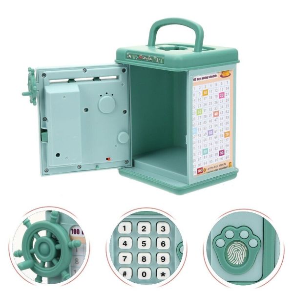 kids educational financial customs atm password put credit cards piggy bank blue color mini electronic safe