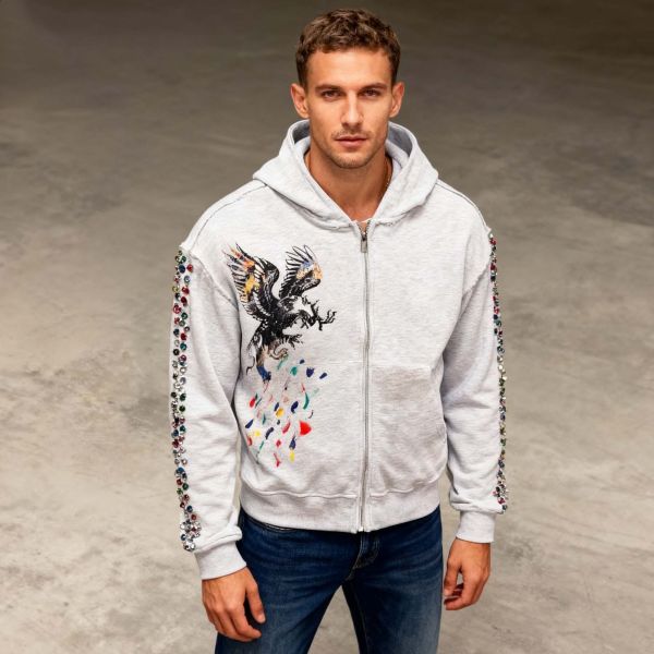 Wholesale Heavyweight Vintage Acid Wash Hoodie Sweatshirt Custom 380 450 500 Gsm Rhinestones Printed Distressed Zip up Hoodie