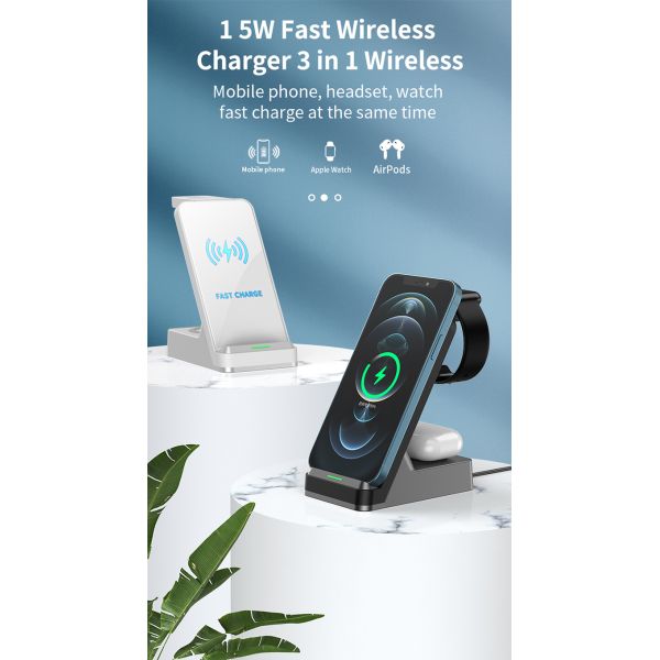 3 In1 Fast Qi Wireless Charger Holder 15w Magnetic Charger for Mobile Phone Iwatch Custom Led Logo and 5V/2A Output
