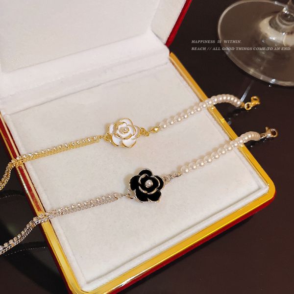 2025 Fashion Camellia Style Jewelry Bracelet Pearl Gold Plating Stainless Steel Chains Gift Party Bangle