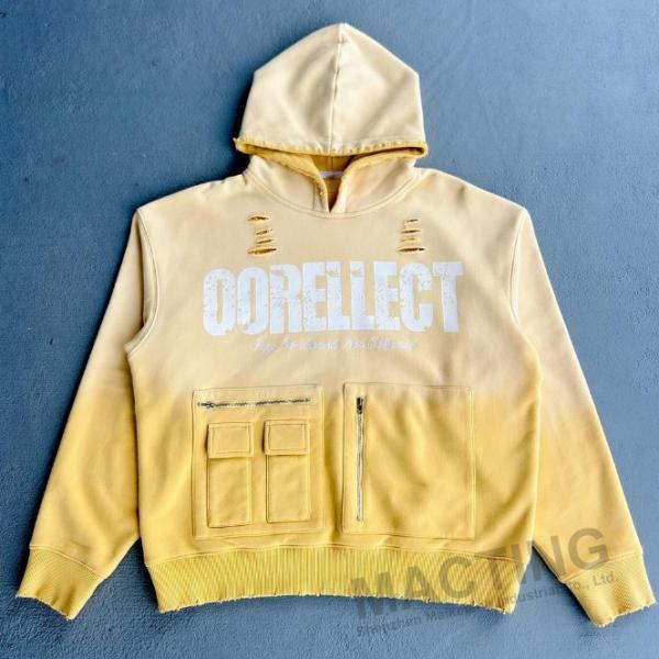 Vêtements de rue personnalisés surdimensionnés lourds 500gm 100% coton lavage à l'acide solaire décoloré fermeture éclair Hoodie Hommes avec poches fermeture éclair